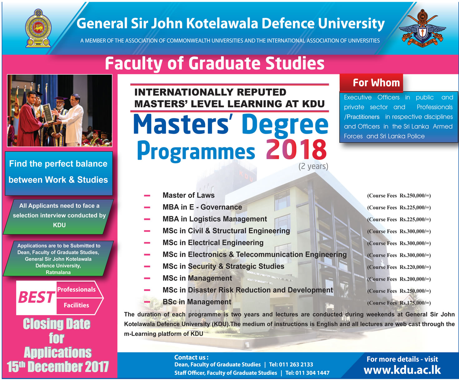 Mastersâ€™ Degree Programmes (2018) - Faculty of Graduate Studies - General Sir John Kotelawala Defence University